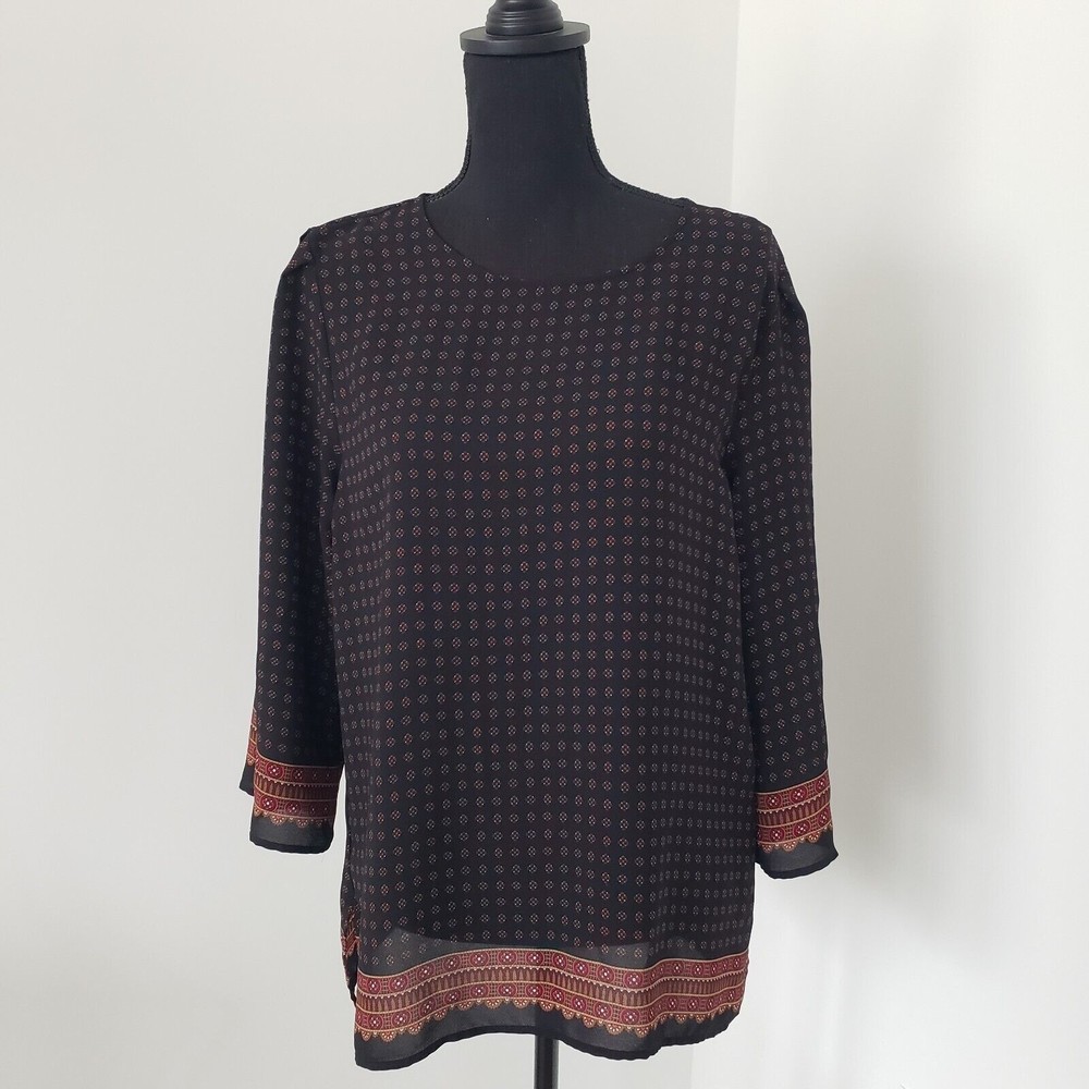 Ann Taylor Womens Crewneck Blouse Medium Black Floral Casual Lightweight Top